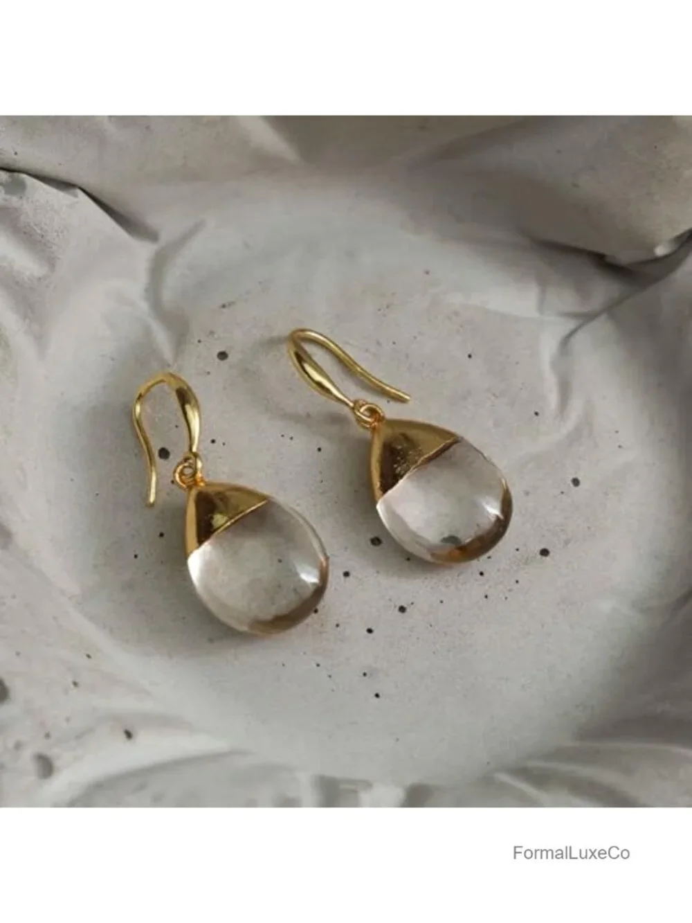 Clear Quartz Teardrop Dangle Earrings, Gold Electroplated, Handmade